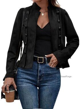 Faux Suede Cropped Open Front Blazer Jacket Long Sleeve Slim Waist Coat